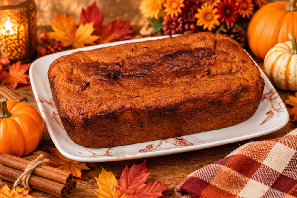 Autumn table spread with pumpkin loaf in the middle.